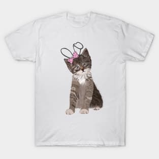 Cute hand drawn cat with easter bunny ear and pink ribbon T-Shirt